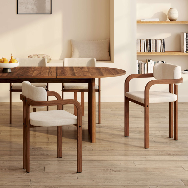 Set van 4 ESMA eetkamerstoelen en tafelarmstoelen in walnoteneffect metaal en beige chenille stof met armleuningen