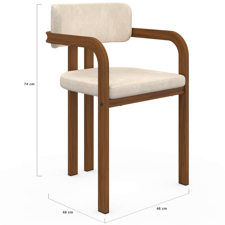 Set van 4 ESMA eetkamerstoelen en tafelarmstoelen in walnoteneffect metaal en beige chenille stof met armleuningen