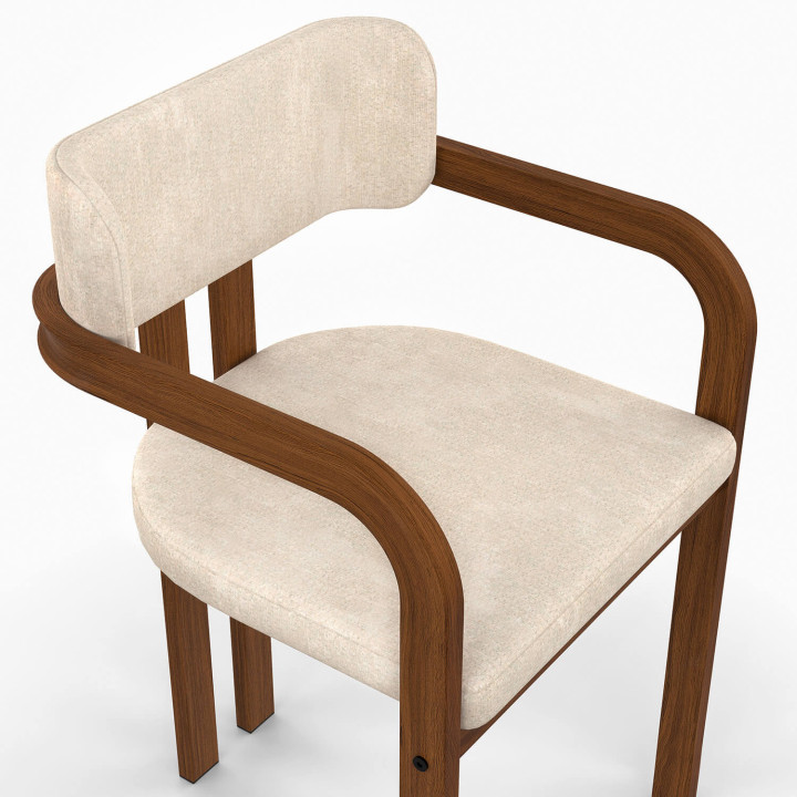 Set van 4 ESMA eetkamerstoelen en tafelarmstoelen in walnoteneffect metaal en beige chenille stof met armleuningen