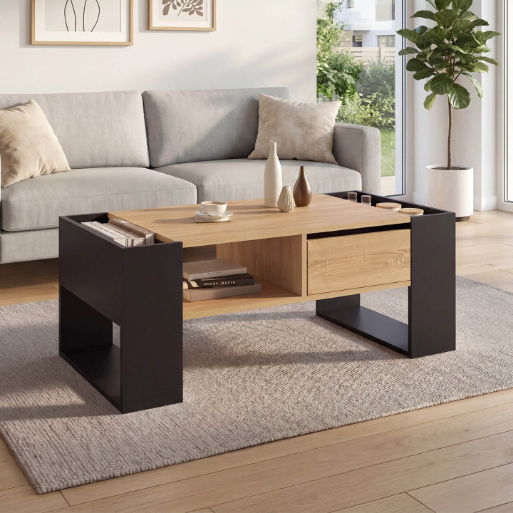 Table basse rectangulaire BERYL avec tiroir bois noir et façon hêtre
