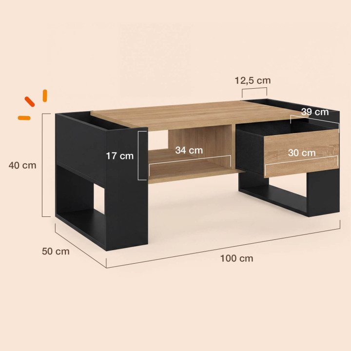 Table basse rectangulaire BERYL avec tiroir bois noir et façon hêtre