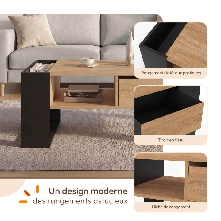Table basse rectangulaire BERYL avec tiroir bois noir et façon hêtre