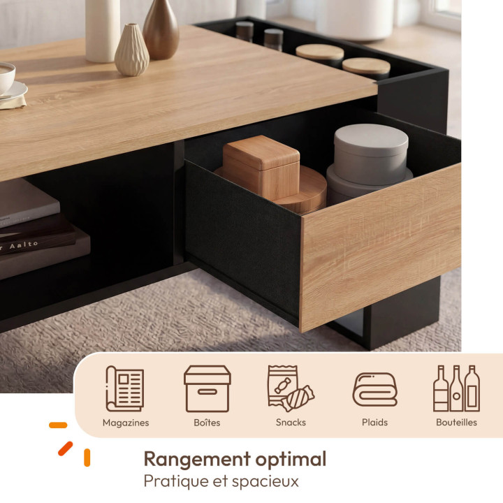 Mesa de centro rectangular con cajón de madera de haya y negro - BERYL