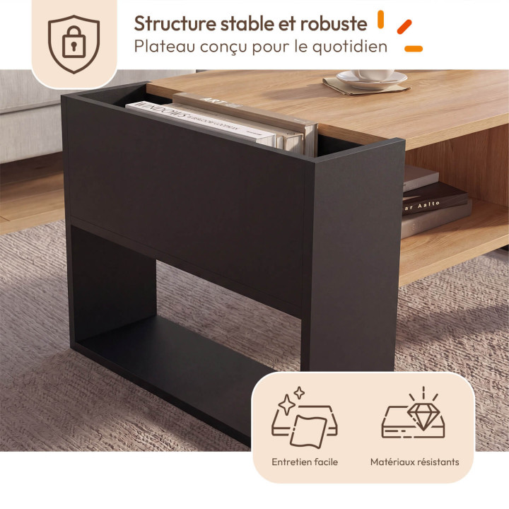 Mesa de centro rectangular con cajón de madera de haya y negro - BERYL