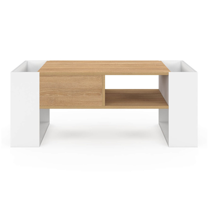 Table basse rectangulaire BERYL avec tiroir bois blanc et façon hêtre
