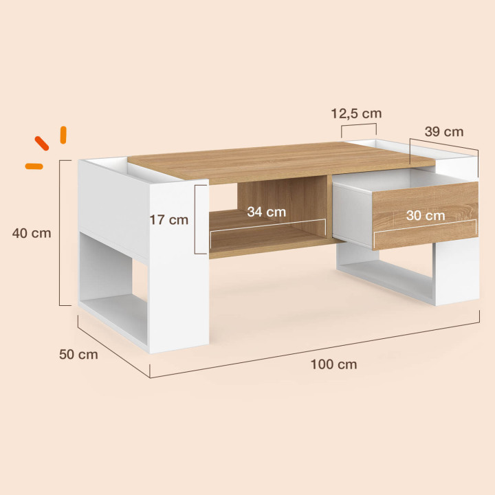 Table basse rectangulaire BERYL avec tiroir bois blanc et façon hêtre