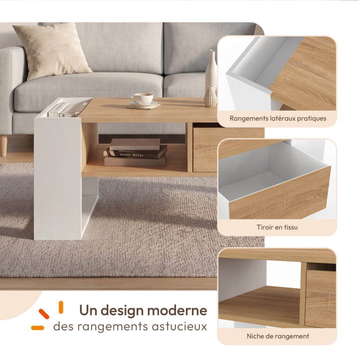 Table basse rectangulaire BERYL avec tiroir bois blanc et façon hêtre