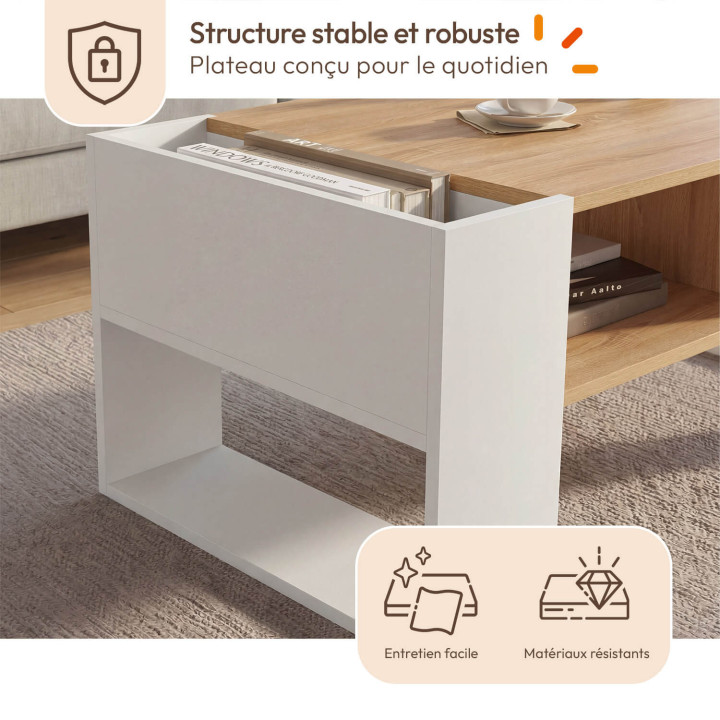 Table basse rectangulaire BERYL avec tiroir bois blanc et façon hêtre