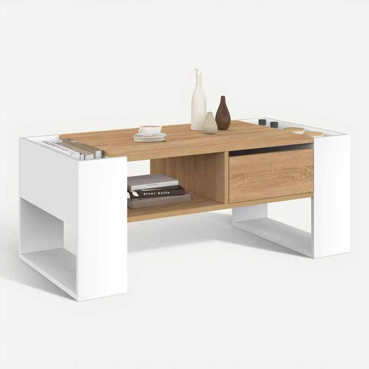 Table basse rectangulaire BERYL avec tiroir bois blanc et façon hêtre