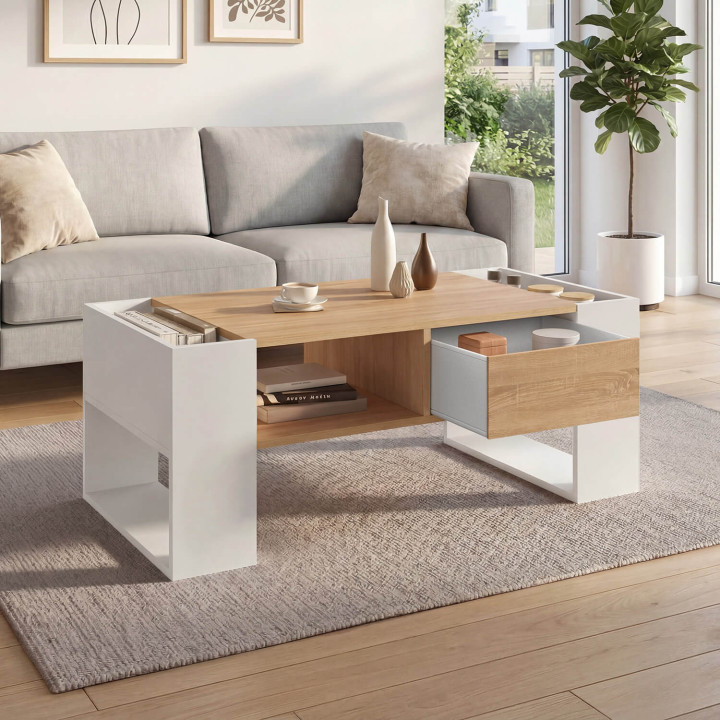 Table basse rectangulaire BERYL avec tiroir bois blanc et façon hêtre