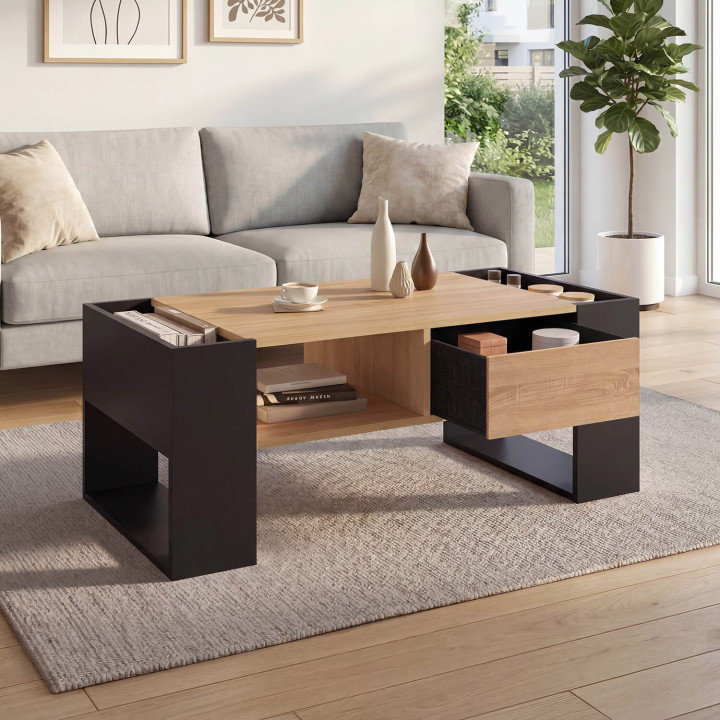 Mesa de centro rectangular con cajón de madera de haya y negro - BERYL