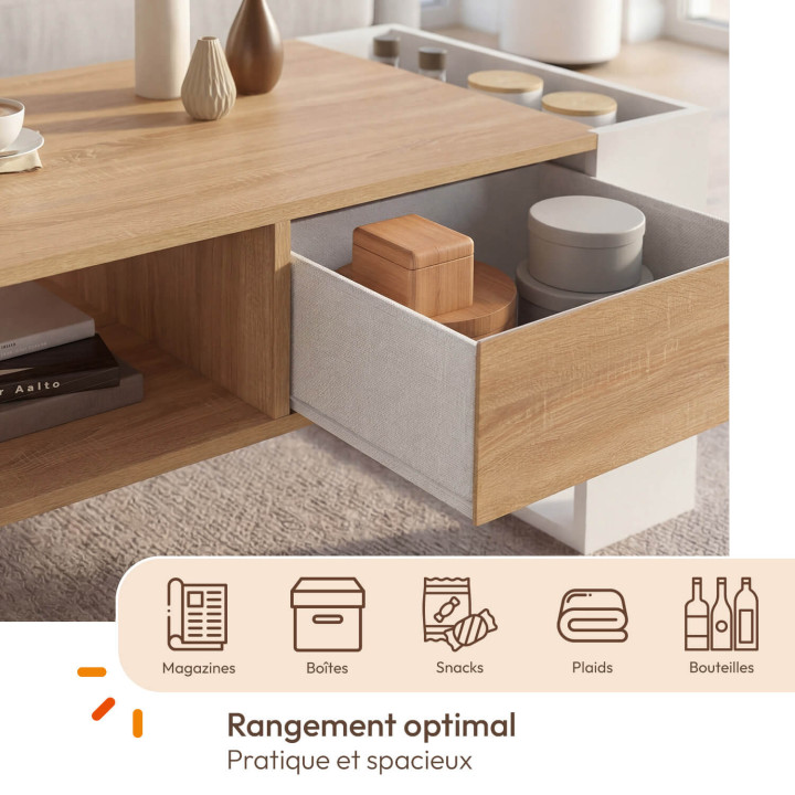 Mesa de centro rectangular con cajón en blanco y madera de haya - BERYL