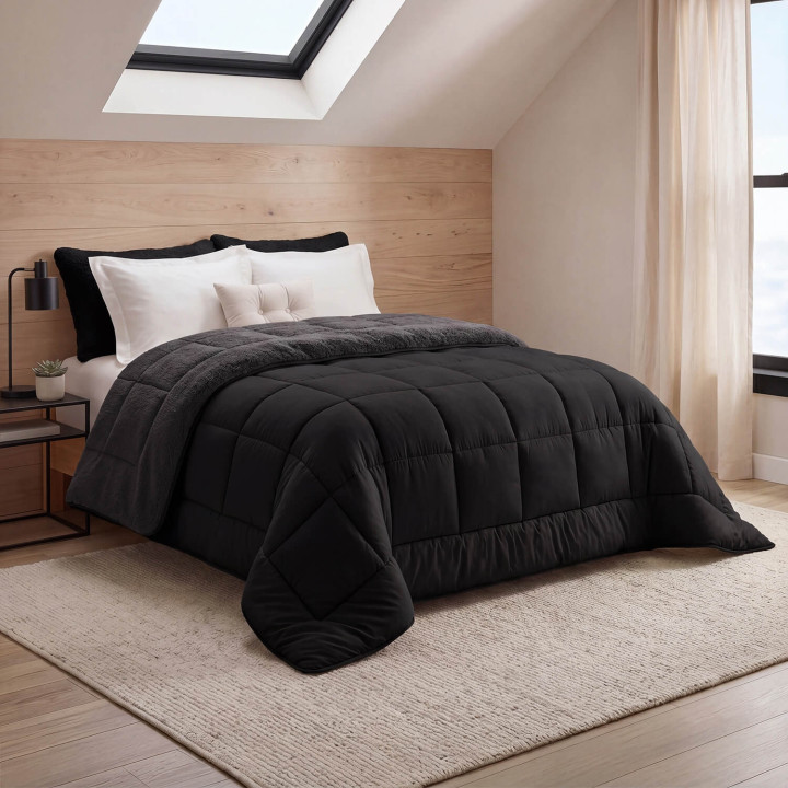 Sherpa-Decke 220 x 240 cm 400gr/m² doppelseitig Sommer / Winter temperaturregulierend schwarz und anthrazitgrau