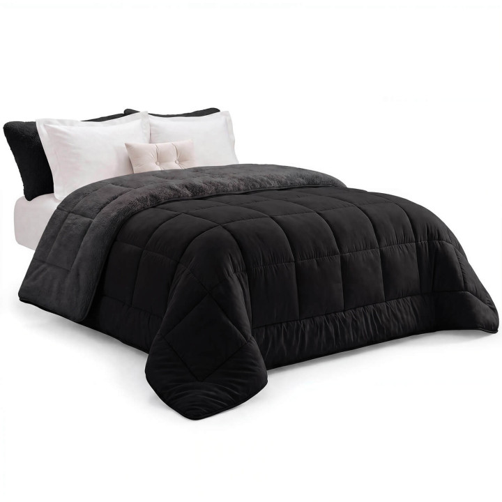 Warmteregulerende sherpa deken 220 x 240 cm 400gr/m² dubbelzijdig zomer/winter zwart en antracietgrijs