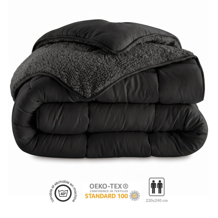 Couverture sherpa 220 x 240 cm 400gr/m² double-face été / hiver thermorégulatrice noir et gris anthracite