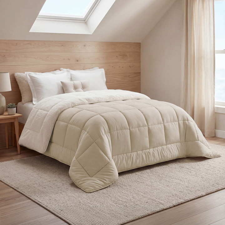 Manta sherpa termorreguladora 220 x 240 cm 400gr/m² doble cara verano/invierno crudo y beige