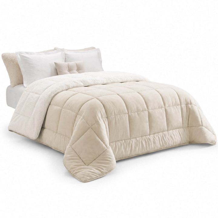 Coperta termoregolante in sherpa 220 x 240 cm 400gr/m² bifacciale estate/inverno ecrù e beige