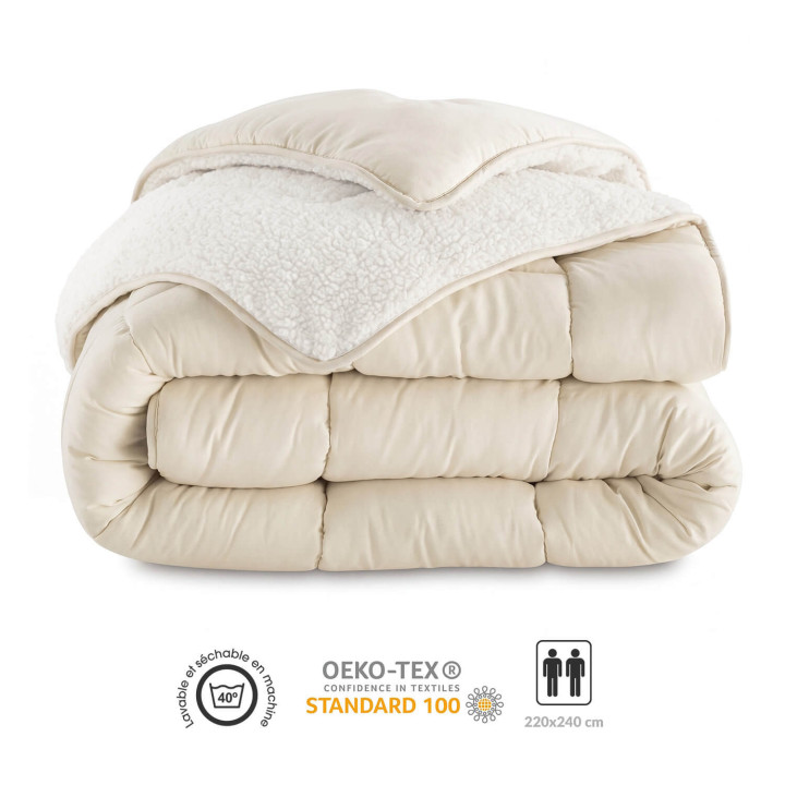 Couverture sherpa 220 x 240 cm 400gr/m² double-face été / hiver thermorégulatrice ecru et beige