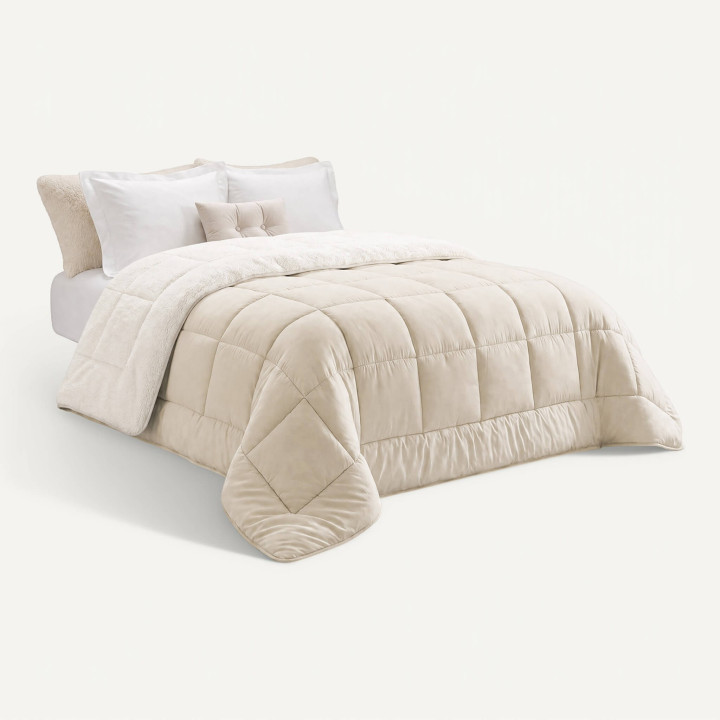 Manta sherpa termorreguladora 220 x 240 cm 400gr/m² doble cara verano/invierno crudo y beige