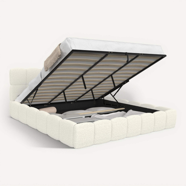 Lit coffre double NUAGE avec tête de lit matelassée et sommier 180 x 200 cm bouclette blanc
