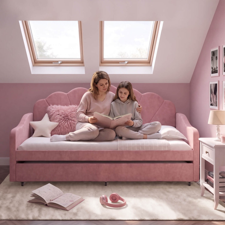 Letto a panca estraibile a conchiglia AMANDA 2 x 90 x 190 cm con 2 reti in velluto rosa cipria