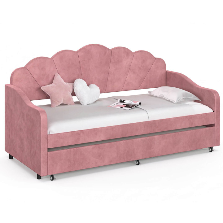 Ausziehbare Schlafcouch „AMANDA“ in Muschelform, 2 x 90 x 190 cm, mit 2 Lattenrosten in puderrosa Samt