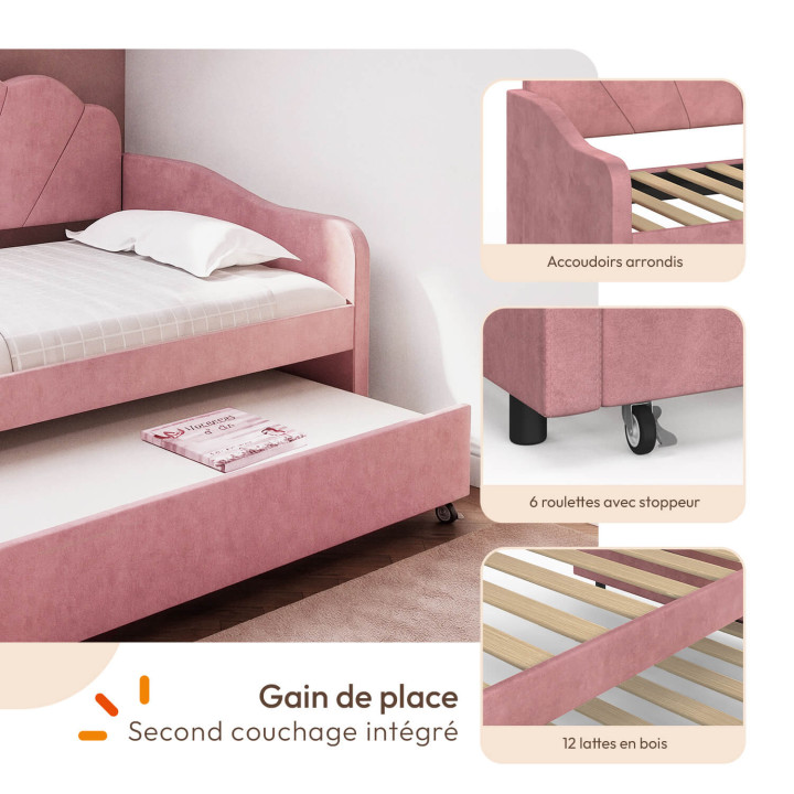 Cama-sofá extraíble con forma de concha AMANDA, 2 x 90 x 190 cm, con 2 somieres de terciopelo rosa empolvado
