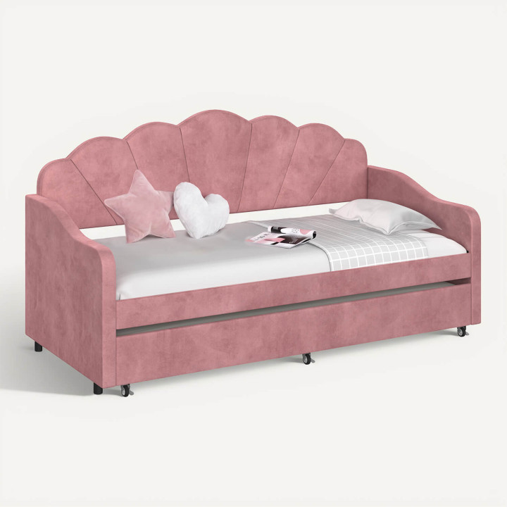 Ausziehbare Schlafcouch „AMANDA“ in Muschelform, 2 x 90 x 190 cm, mit 2 Lattenrosten in puderrosa Samt