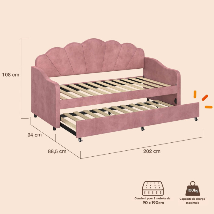AMANDA uitschuifbaar bankbed in schelpvorm 2 x 90 x 190 cm met 2 bedbodems in poederroze fluweel