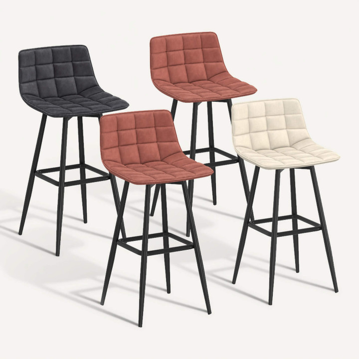 Lote de 4 taburetes de bar MADY en mezcla de terciopelo color gris oscuro, terracota x2, beige