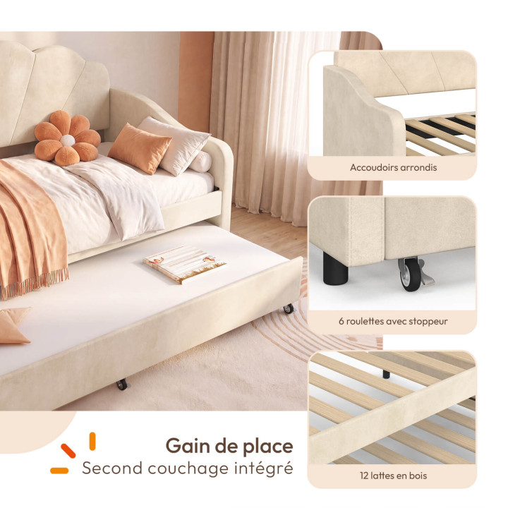 AMANDA uitschuifbaar bankbed in schelpvorm, 2 x 90 x 190 cm, met 2 beige fluwelen lattenbodems