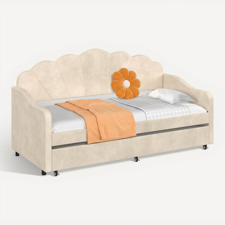 Cama-sofá extraíble con forma de concha AMANDA, 2 x 90 x 190 cm, con 2 somieres de terciopelo beige