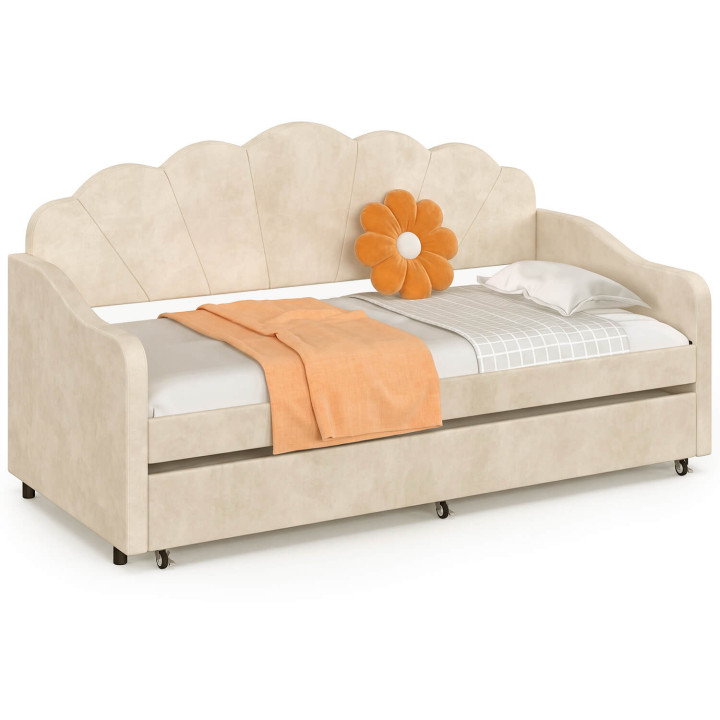 Ausziehbare Schlafcouch „AMANDA“ im Muschel-Design, 2 x 90 x 190 cm, mit 2 beigen Velours-Lattenrosten