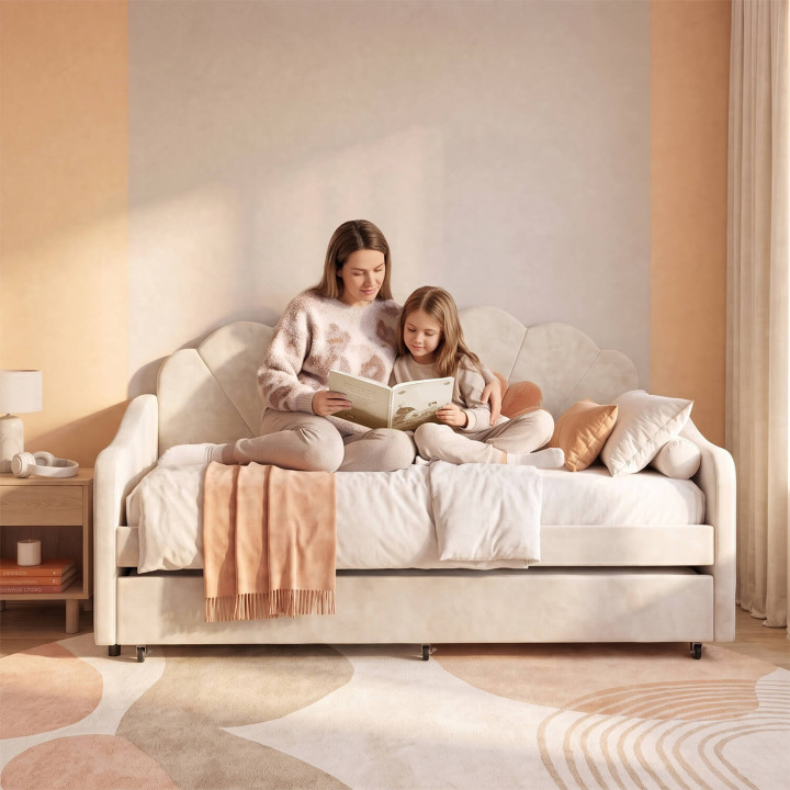 AMANDA uitschuifbaar bankbed in schelpvorm, 2 x 90 x 190 cm, met 2 beige fluwelen lattenbodems