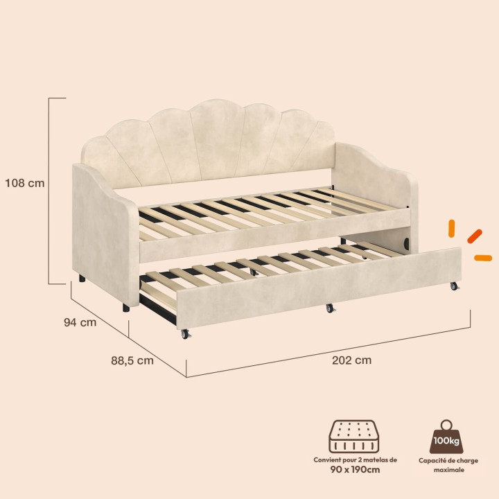 Letto a panca estraibile a conchiglia AMANDA 2 x 90 x 190 cm con 2 reti in velluto beige
