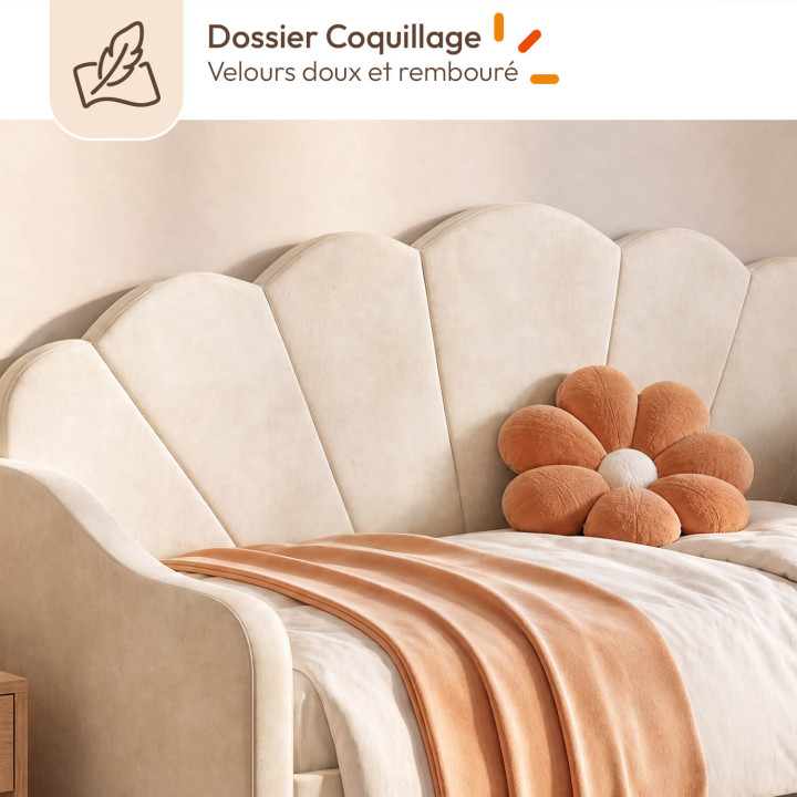 Letto a panca estraibile a conchiglia AMANDA 2 x 90 x 190 cm con 2 reti in velluto beige