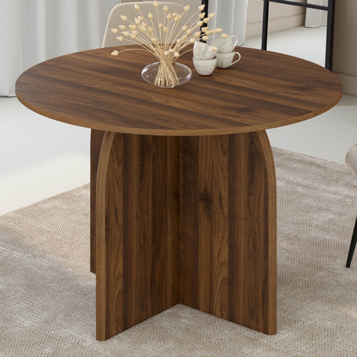 Ronde, uitschuifbare Japandi-eettafel EDITH voor 4-8 personen, met afgeronde centrale poot in notenhout, 110-150 cm