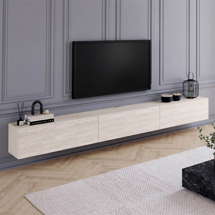 Meuble TV 270 cm suspendu ELIO 3 portes effet travertin