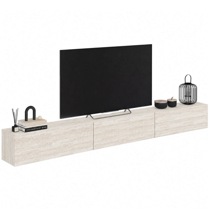 Meuble TV 270 cm suspendu ELIO 3 portes effet travertin