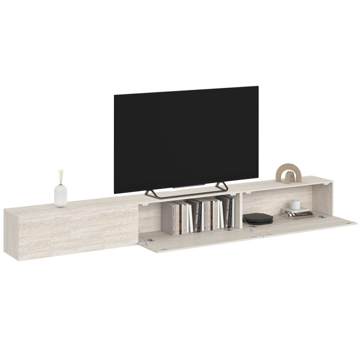 Meuble TV 270 cm suspendu ELIO 3 portes effet travertin