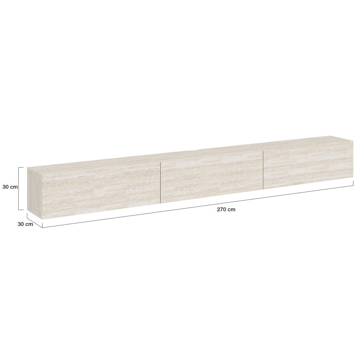 Hangende tv-kast van 270 cm met 3 deuren, hout met travertin-look - ELIO