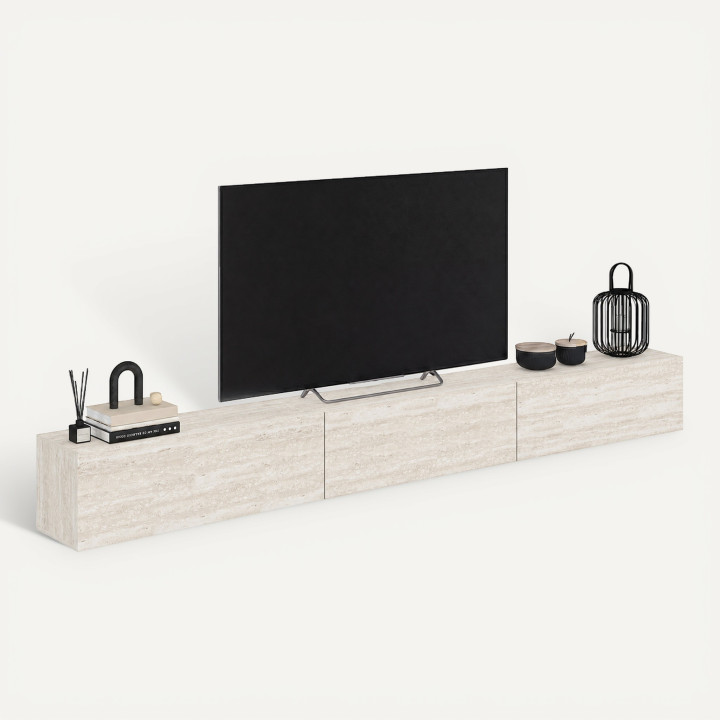 Hangende tv-kast van 270 cm met 3 deuren, hout met travertin-look - ELIO