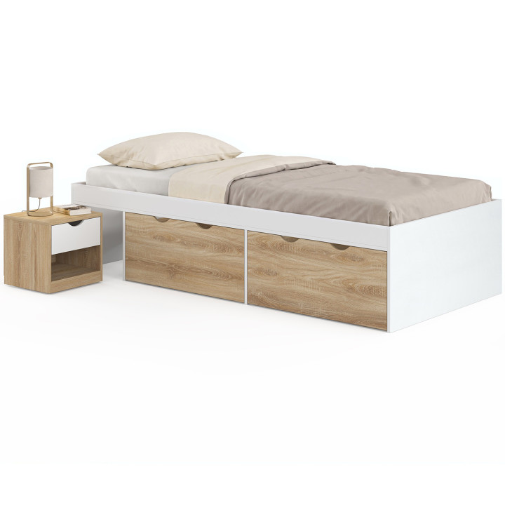 Letto singolo EDOUARD con comodino e 2 cassetti su rotelle e rete da 90 x 190 cm, bianco e faggio