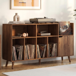 Meuble d'appoint, rangement avec étagères, supports vinyles, platine et placard 130 cm SIENNA vintage effet noyer