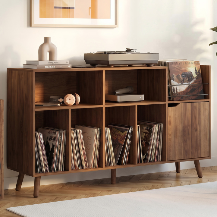 Meuble d'appoint, rangement avec étagères, supports vinyles, platine et placard 130 cm SIENNA vintage effet noyer