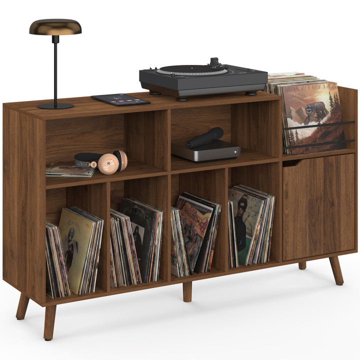 Meuble d'appoint, rangement avec étagères, supports vinyles, platine et placard 130 cm SIENNA vintage effet noyer