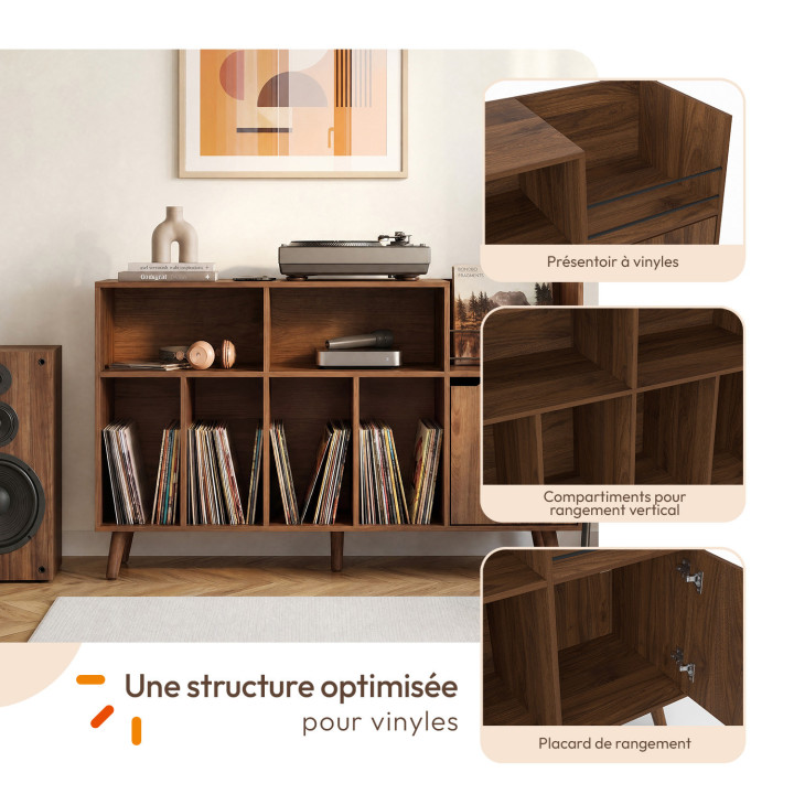 Bijzetmeubel, opbergkast met planken, houders voor vinylplaten, platenspeler en kast van 130 cm, SIENNA vintage in notenhoutlook