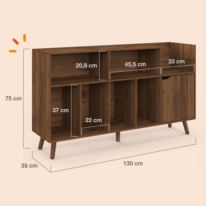 Meuble d'appoint, rangement avec étagères, supports vinyles, platine et placard 130 cm SIENNA vintage effet noyer