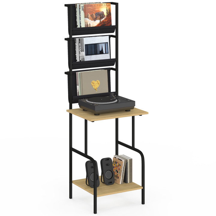 Meuble d'appoint haut, rangement avec étagères, supports vinyles et platine H. 150 cm NEVIL design industriel