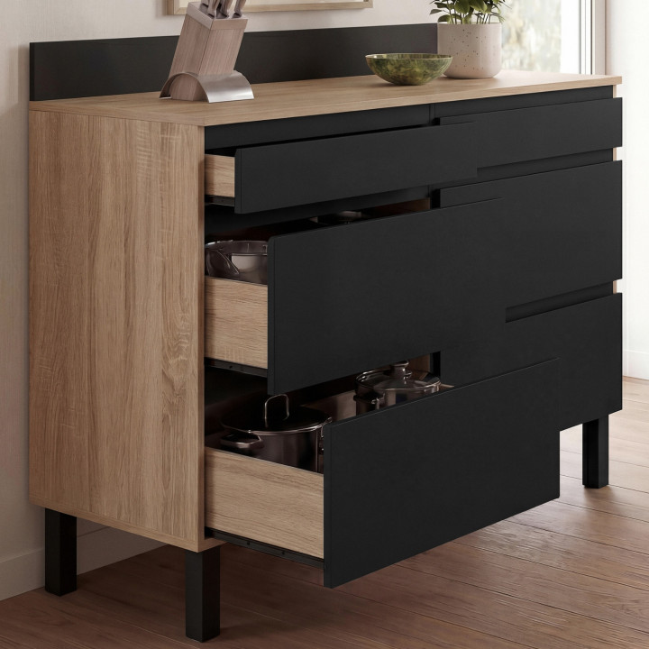 Buffet bas de cuisine 120 cm CINA avec casserolier XL bois et noir